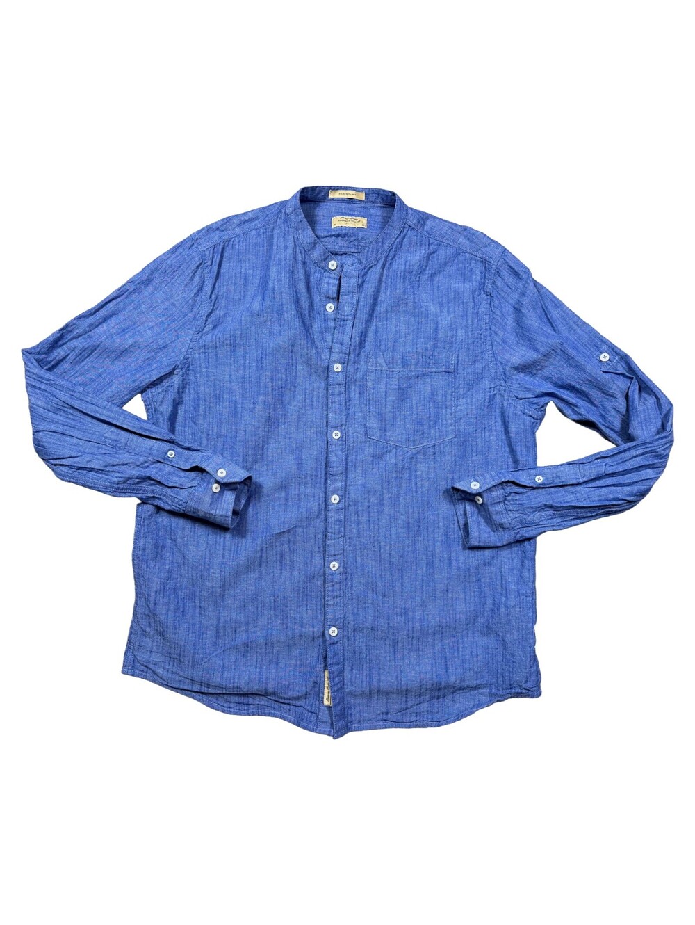 Thomas Scott Men’s XL 44 Blue Irish Linen Blend Mandarin Collar Button Shirt